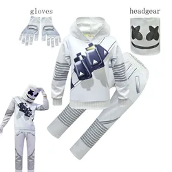 Halloween Marshmello DJ Cosplay Costume per bambini Felpe con cappuccio a maniche lunghe + Pantaloni + maschera + guanti Set da 4 pezzi Bambini Ragazzi Musica Regalo per feste di Natale