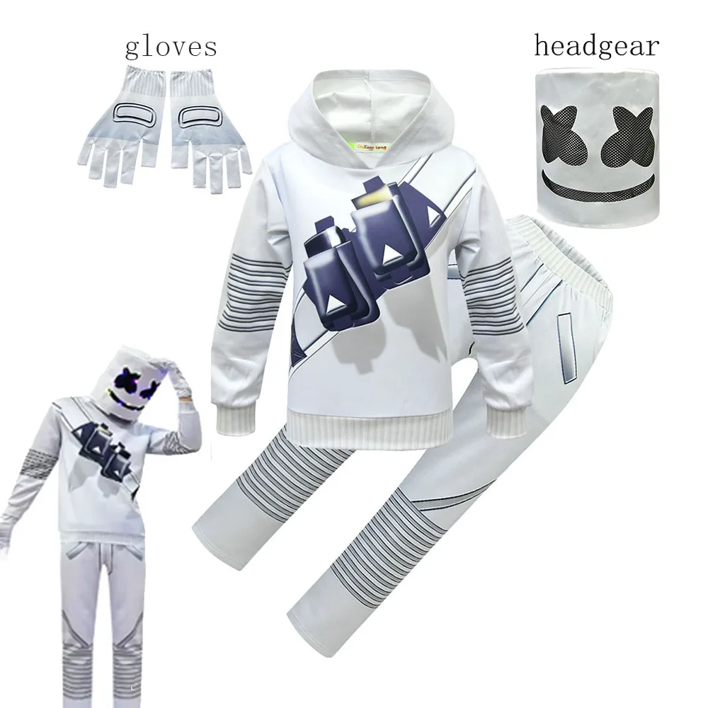 Halloween Marshmello DJ Cosplay Kids Costume Long Sleeve Hoodies+Pants+mask+gloves 4Pcs Set Kids Boys Music Christmas Party Gift