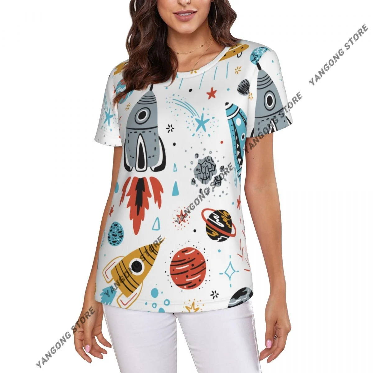 Camiseta informal de manga corta con dibujos de cohetes, planetas, estrellas, cometas y OVNI, ropa con cuello redondo para mujer