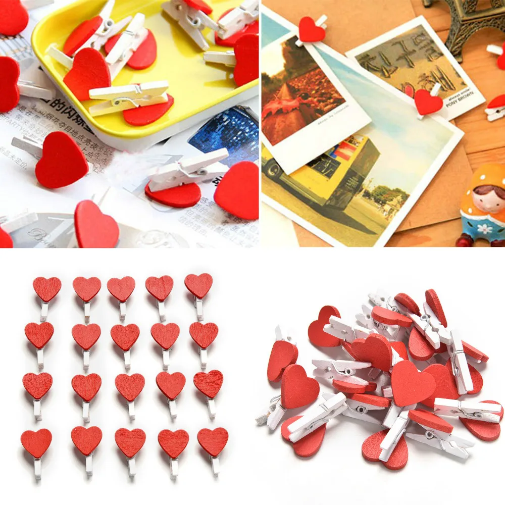 20 PCS Cute Kawaii Love Hearts Wooden Paper Clips Photo Paper Peg Pin Clothespin Craft Postcard Clips Home wedding Decoration