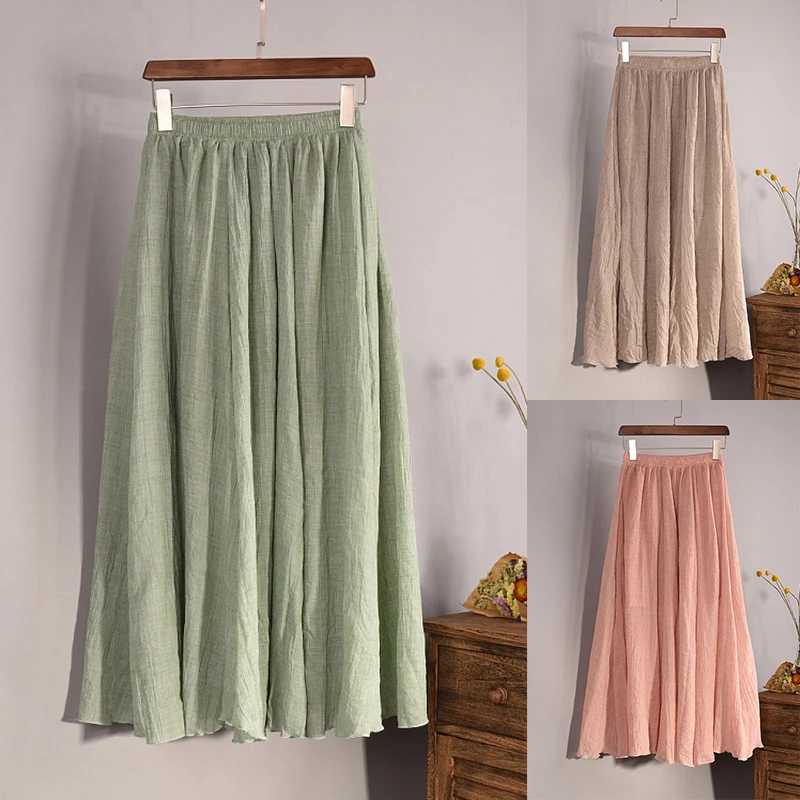 

Summer Cotton Linen Casual Elastic Waist A-LINE Long Skirts for Women Loose Solid Color Vintage Harajuku Skirt