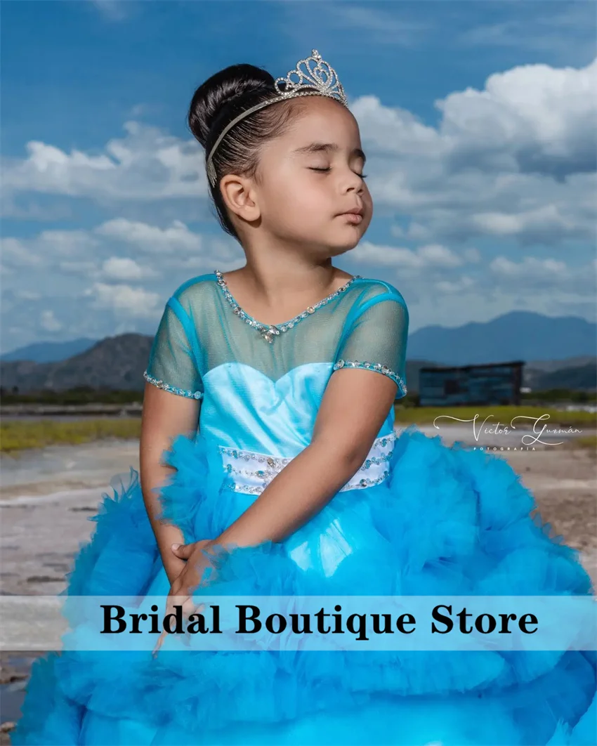 Vestido de lujo con flores azules hinchadas para niña, vestido con volantes escalonados, cuentas y cristales, vestido de fiesta de Navidad, fiesta de cumpleaños infantil personalizada