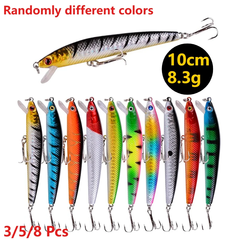 3/5/8-teiliges hochwertiges Angelköder-Set, von zufälliger Minnow, Größe 10 cm/8,3 g, mit Doppelhaken, künstlicher harter Köder zum Angeln im Freien