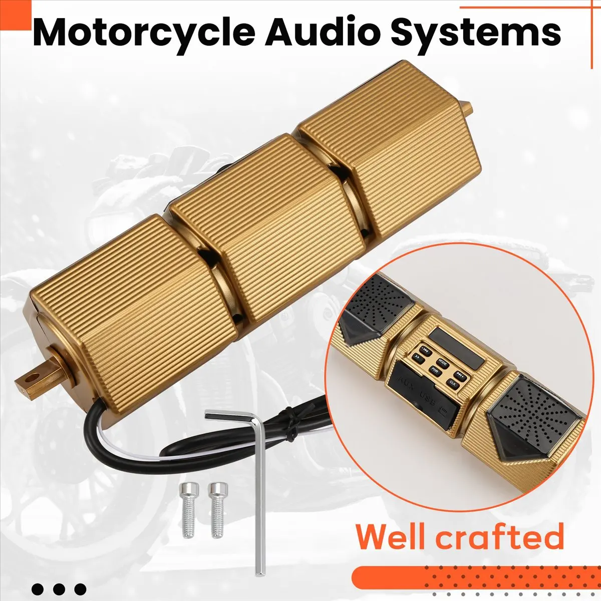 #63O (Golden)Motorcycle MP3 Player Handlebar Speaker Bluetooth Music FM Radio,Automotive Parts & Accessories