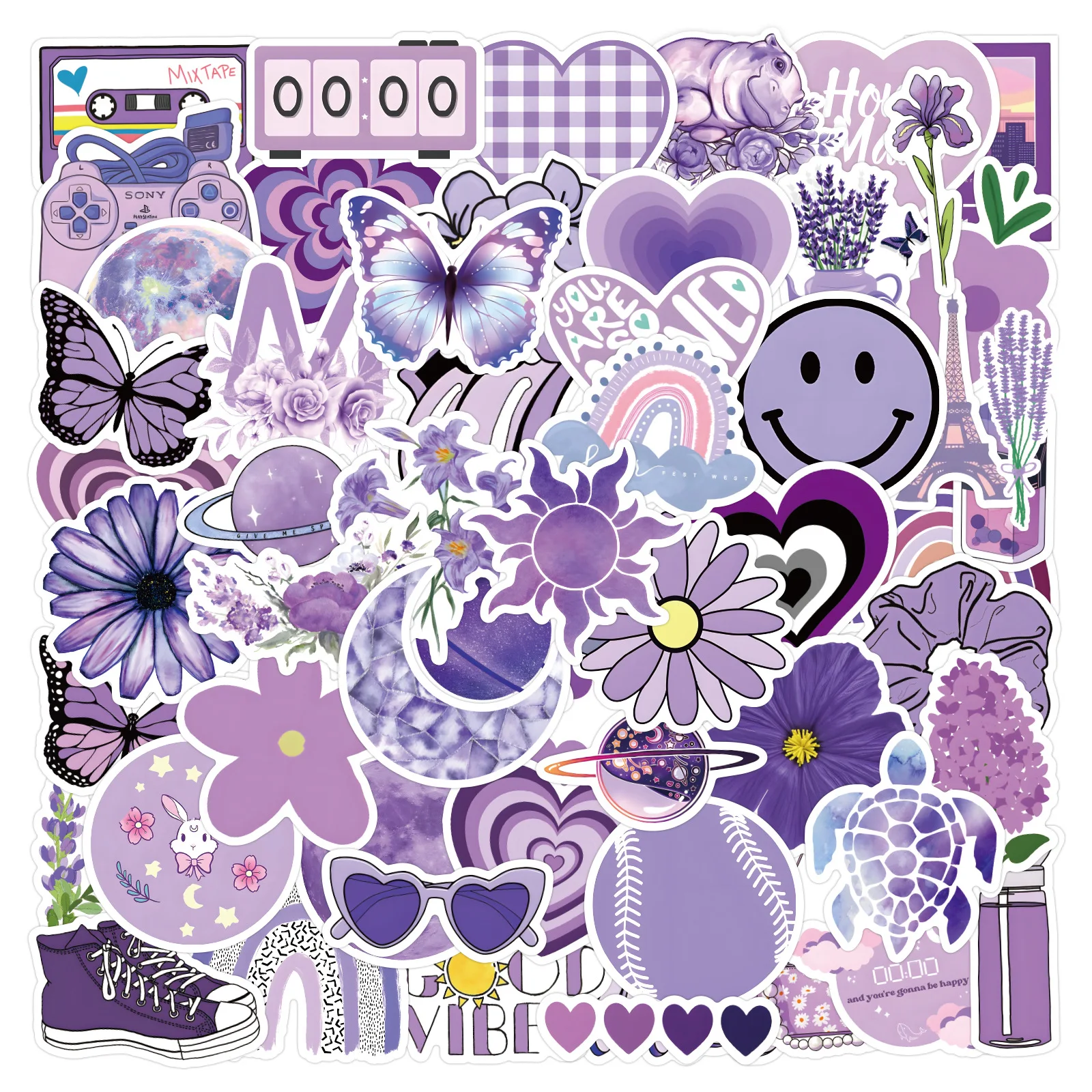 60 Stück Lila Ästhetische Kleine Frische Cartoon-Graffiti-Aufkleber DIY Laptops Wasserflaschen Handys Dekorative Aufkleber Perfekte Geschenke