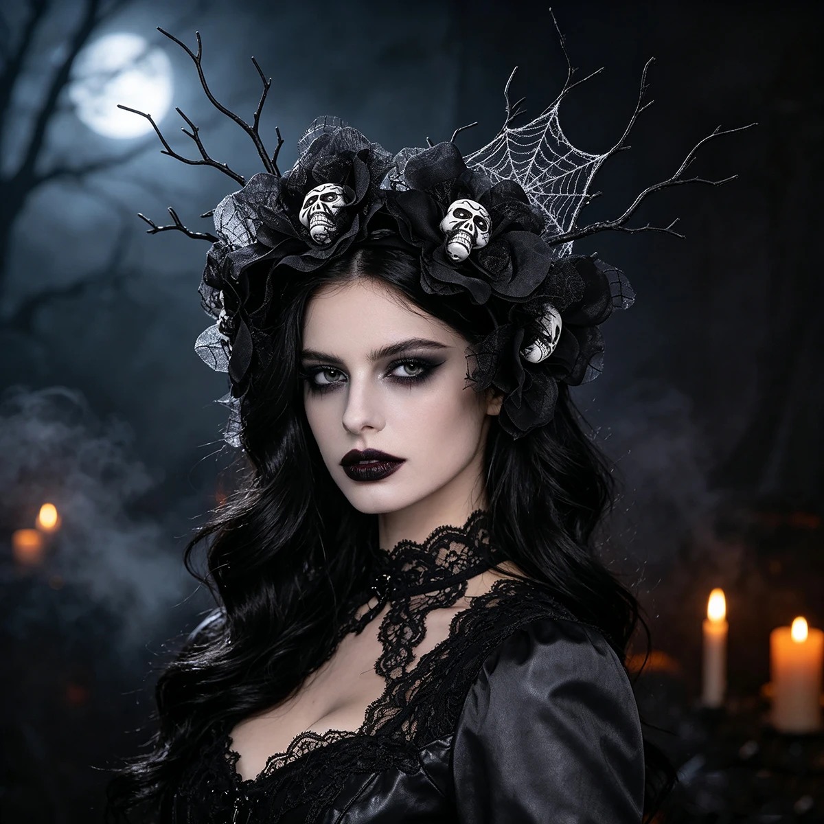 Halloween branch hairband, dark witch headpiece, black rose, pumpkin, bat decoration hairband, party costume, cosplay props