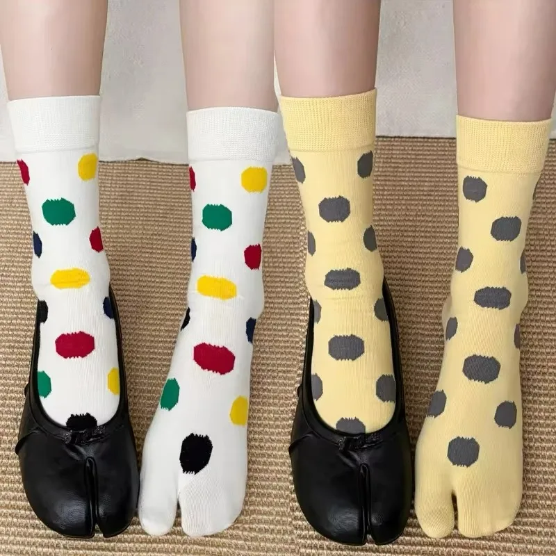 Polka Dot Split Toe Socks for Women Cotton Japanese Tabi Socks Breathable Ribbed Cuff Retro Large Dot Print Korean Preppy Style