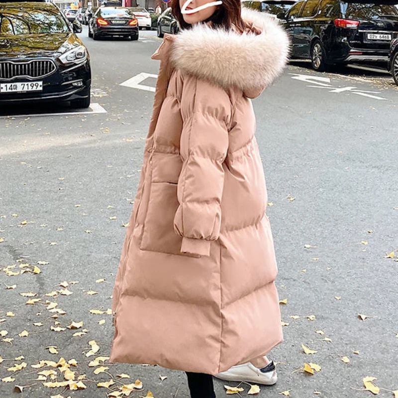 2023 New Women Cotton Clothes Loose Long Over Knee Outcoat Thickened Warm Hooded Large Fur Collar Outwear Fashion Casual Parkas