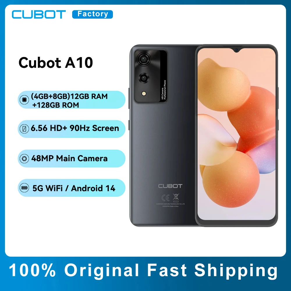 Cubot A10 Smartphone , Android 14, 12 Go de RAM, 4 Go + 8 Go, 128 Go, Dean Octa-Core, écran 6.56 "90Hz, 5100mAh, appareil photo principal 48MP, WiFi 5G