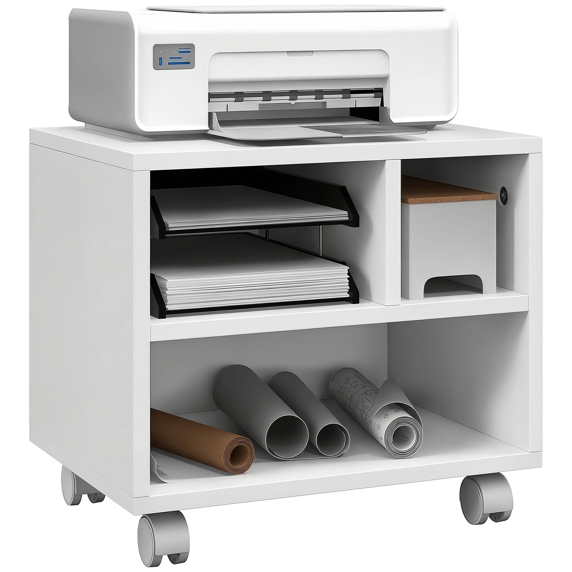 HOMCOM Soporte de Impresora con Ruedas Compartimentos Abiertos para Oficina Estudio 40x30x36 cm Blanco