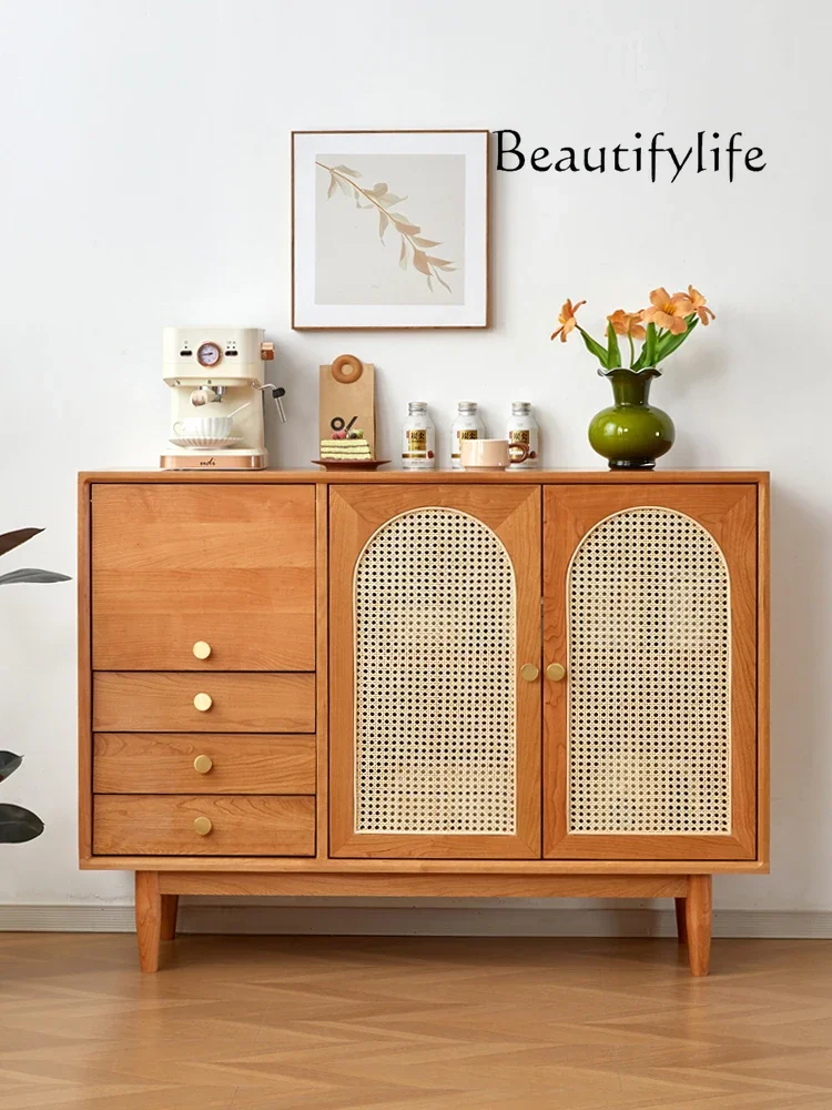 Japanese Style Cherrywood Dining Side Solid Wood Rattan Cabinet L Storage Small Apartment Mid-Ancient Arched Door Tea Cabinet