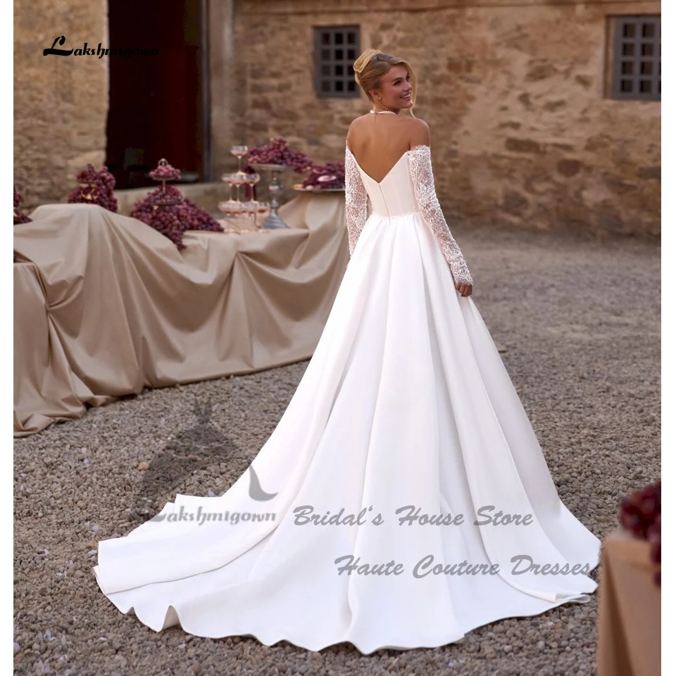 Lakshmigown Wunderschöne Boho-Satin-Hochzeitskleider mit langen Ärmeln 2026 Vestidos Civil Spitzen-Kirchen-Brautkleider Sweetheart Maßanfertigung – Detail 3