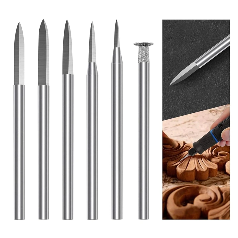 Wood Carving Drill Bits Set,6Pcs Engraving Drill Accessories Bit Wood Carving Kit for Rotary Tool, for Carving Engraving-A49I