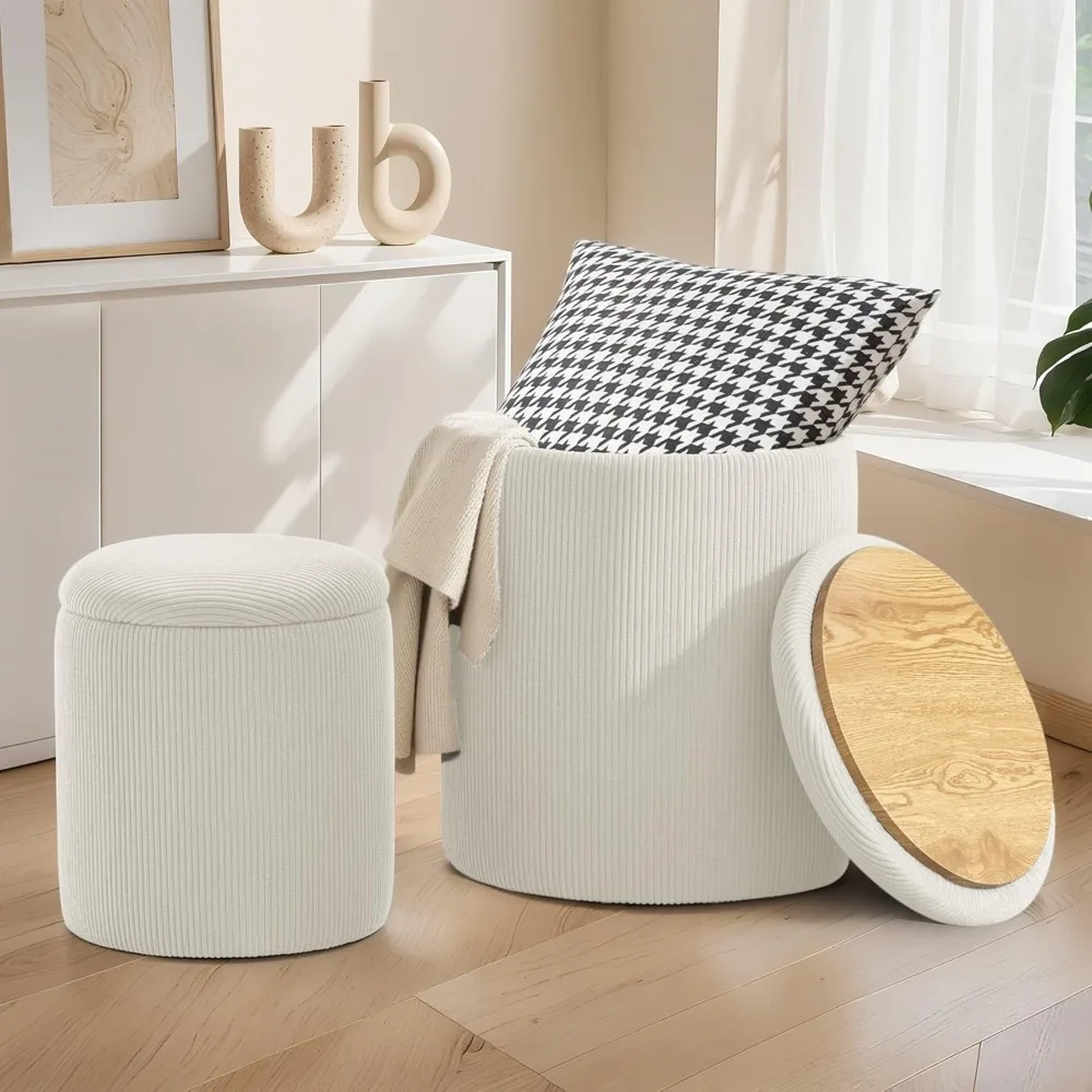 

Круглый пуфик с местом для хранения, набор из 2 шт., небольшой туалетный столик с местом для хранения в качестве туалетного столика, вельветовая бежевая османская подставка для ног