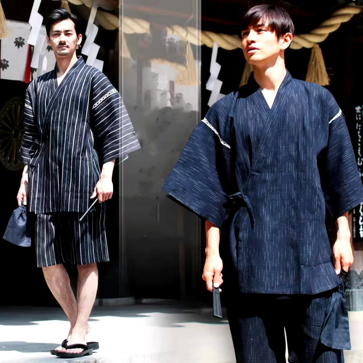 Japanese Traditional Samurai Ninja Role Play Kimono Men's Yukata Bathrobe Loose Sauna Suit Home Clothes Summer Short-sleeved Top