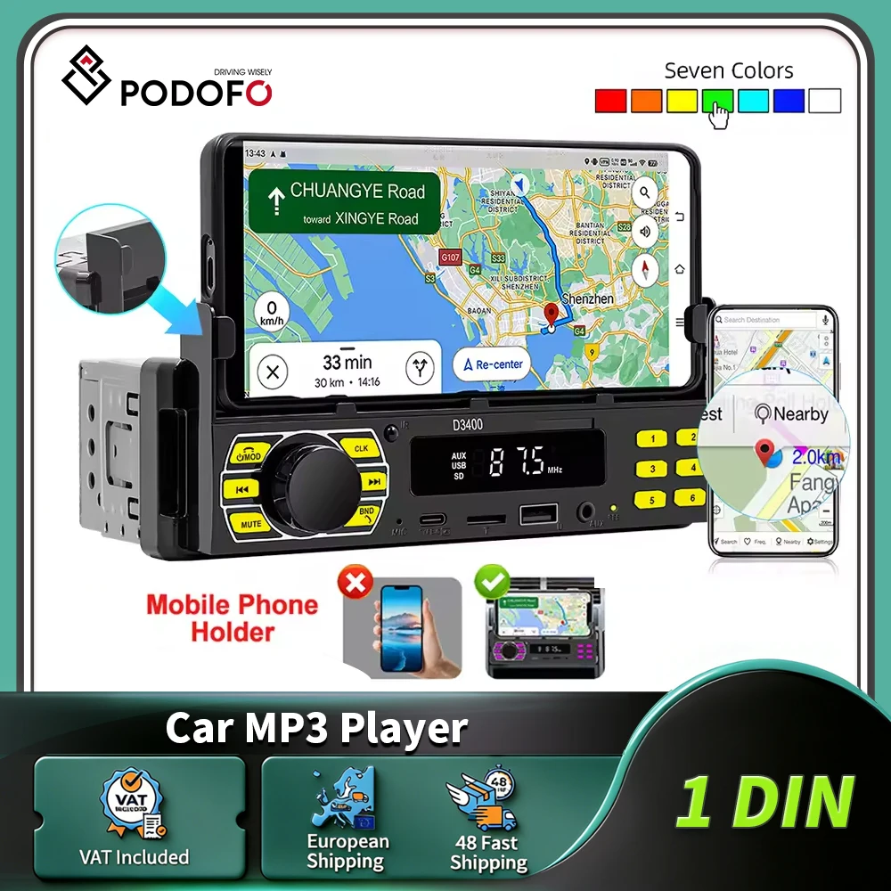 Podofo Autoradio Bluetooth 1 Din MP3-Player Freisprecheinrichtung Typ C USB TF Aux Handyhalterung Audiosystem MP3-Haupteinheit