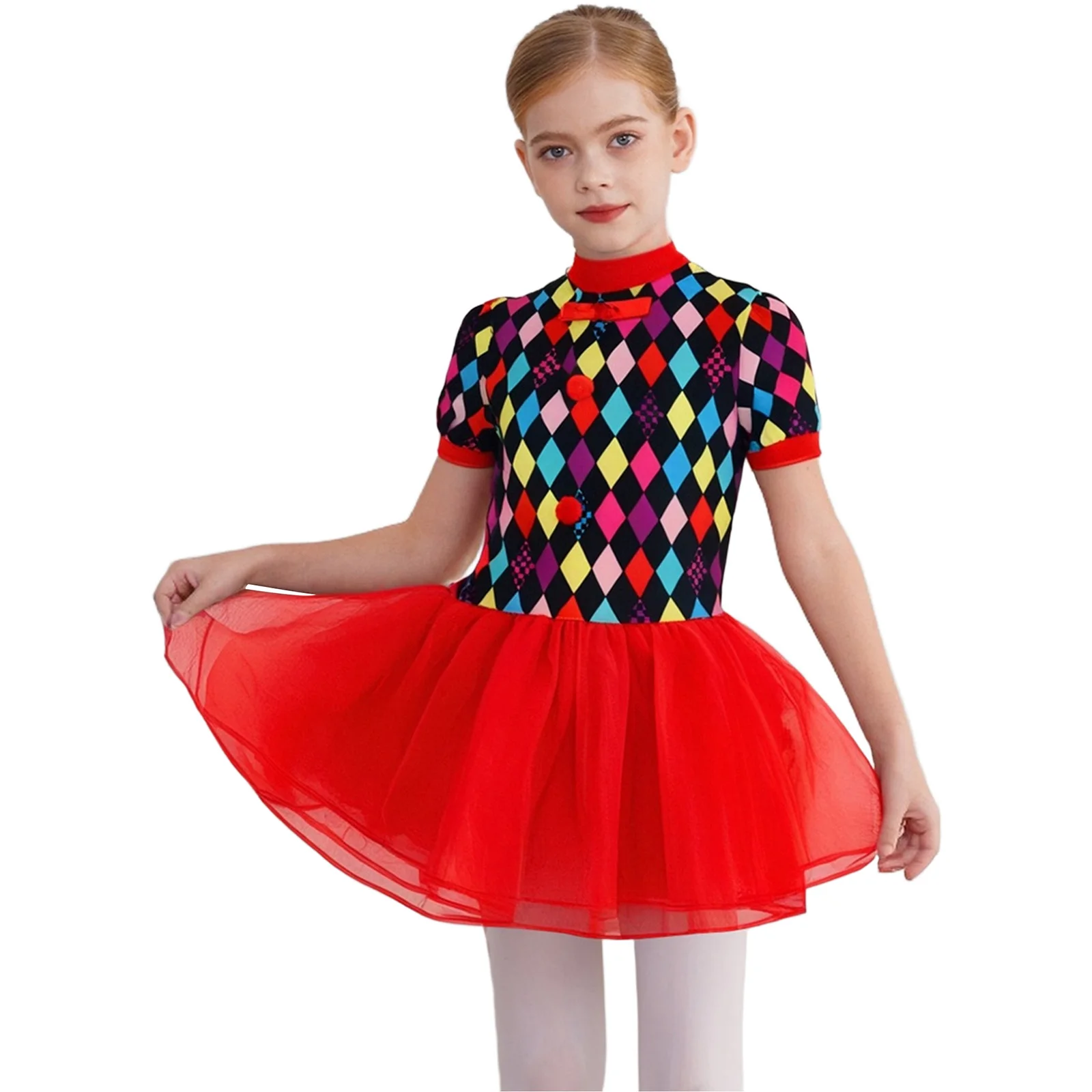 Children Girls Halloween Circus Clown Cosplay Costume Short Sleeve Mesh Ballet Dance Tutu Dress Carnival Theme Party Outfits