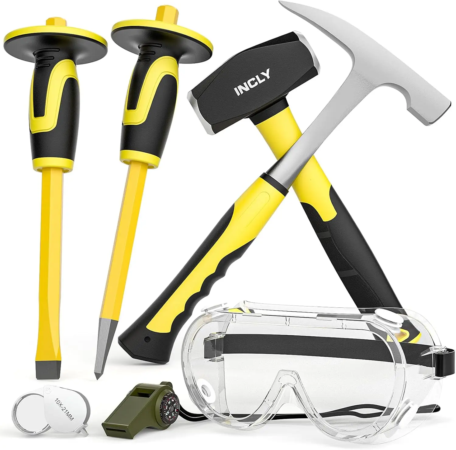 

7-Piece Geology Rock Pick Kit with 3lb Sledge, 32oz Hammer, Chisels, Safety Glasses & Loupe for Gold Mining