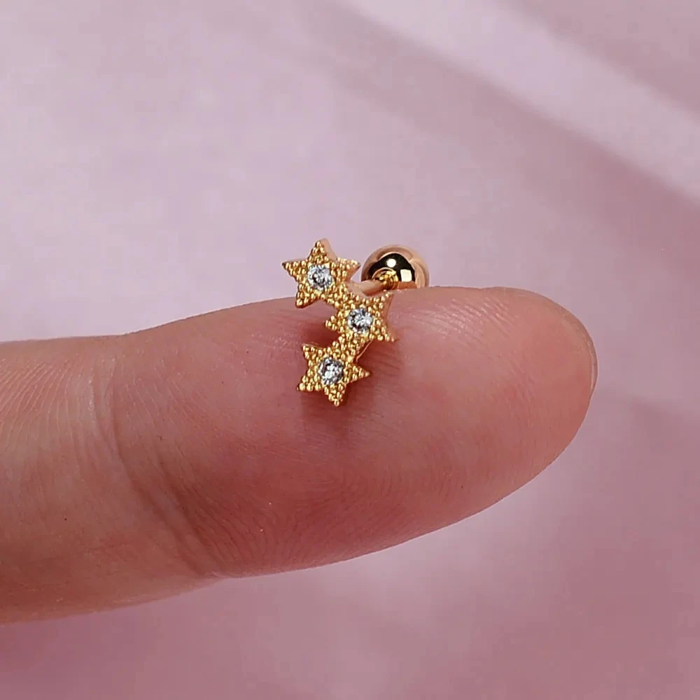 Curved CZ Cartilage Stud Moon Leaf Earring, Stainless Steel