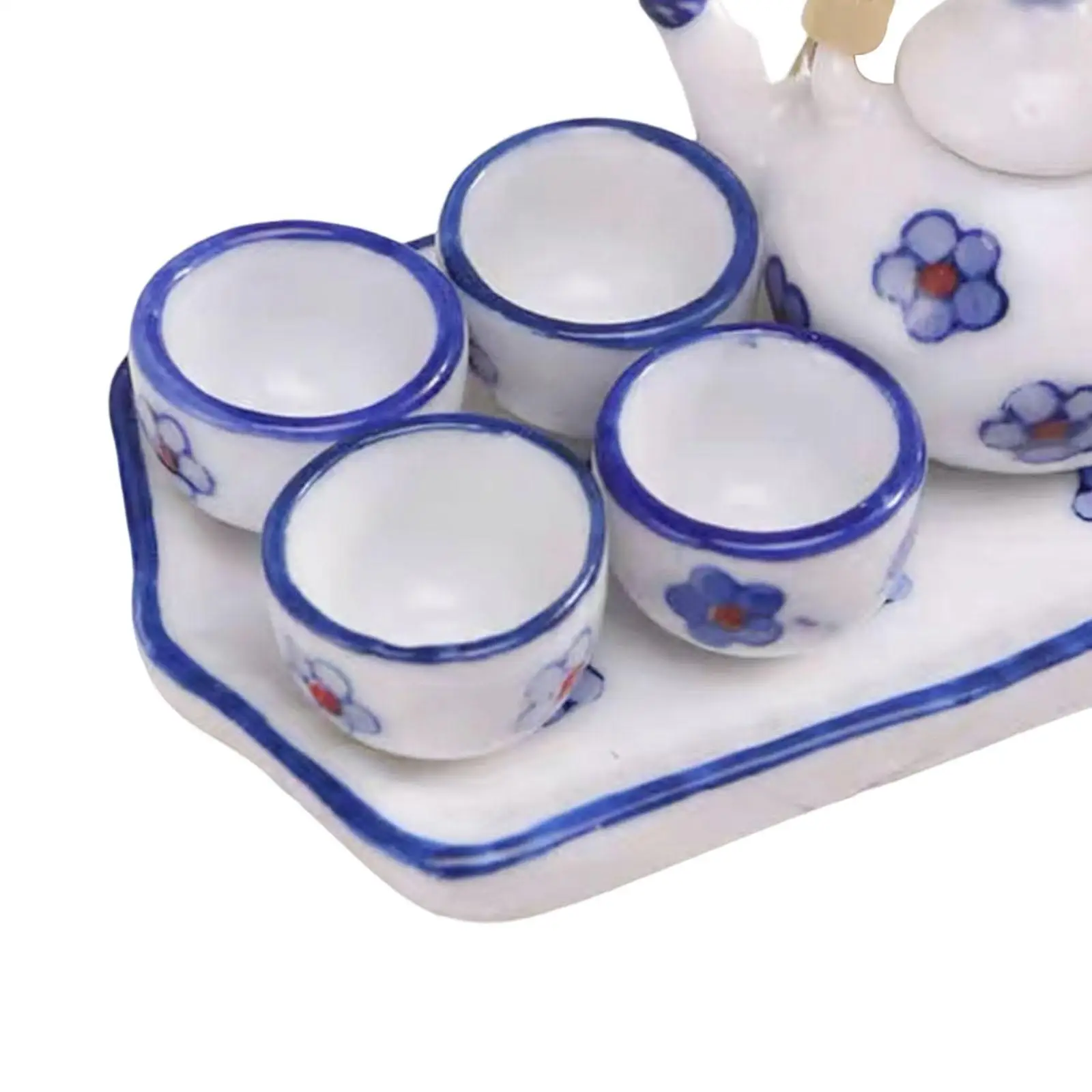 

Dollhouse Miniature Ceramic Tea Set Tray Teapot Cups for Dining Room Accessories Creative Tableware