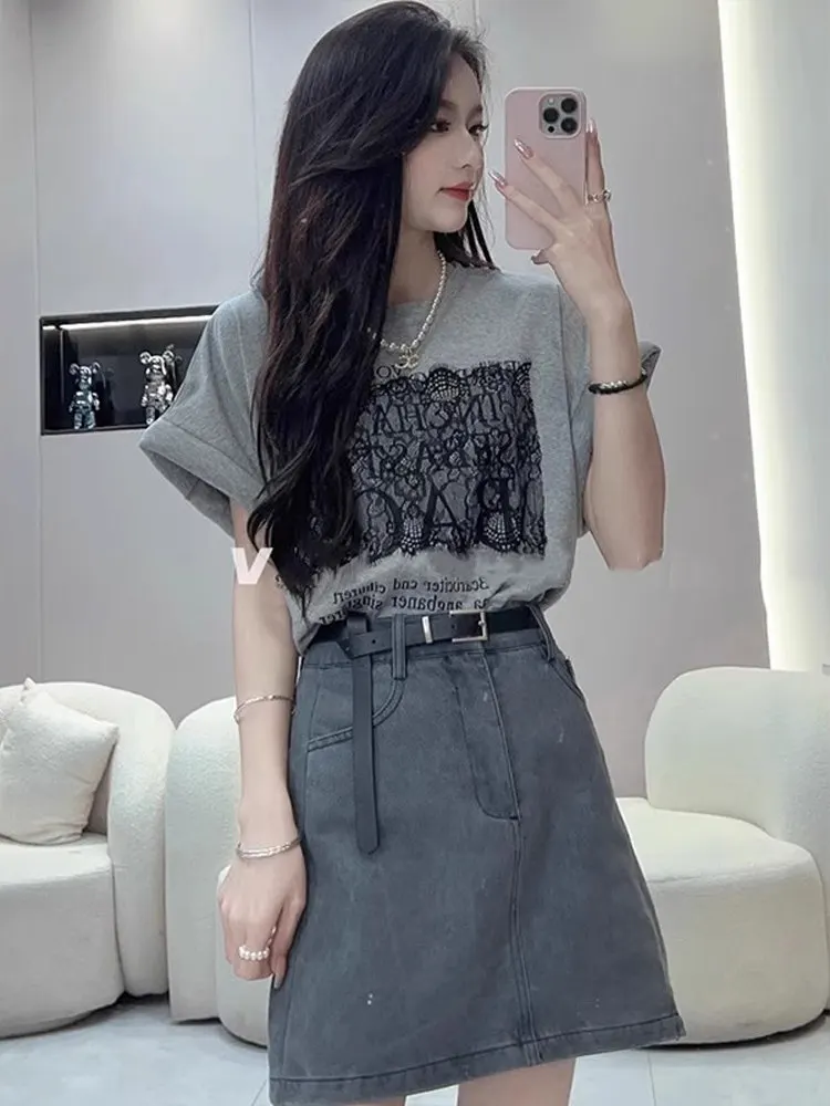 Fashion Set Women's Summer Dress Western-style Top Denim Skirt Fashionable Temperament High-end Sense Two-piece Set