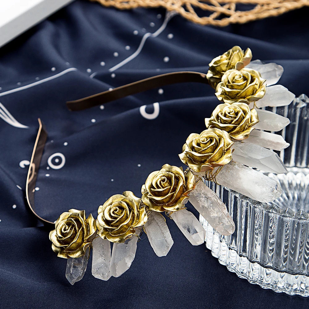 Natural White Crystal Tiara Golden Color Flowers Crown for Women Headwear Wizard Hair Accessories Fashion Jewelry Party Headband