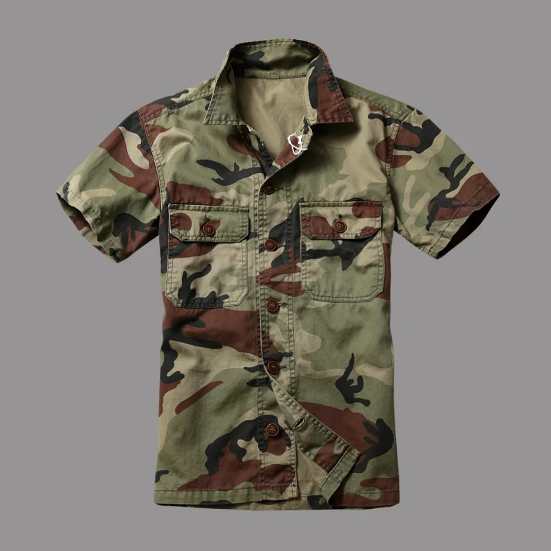 Summer Men's Military Camouflage Cargo Shirt Short-Sleeved Jackets Outdoor Loose Pockets Shirts Male