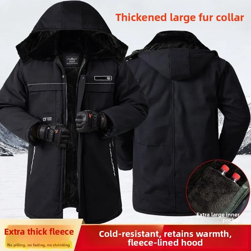 

Thiened Fce Winter Cotton Jaet Extra Large Size Mid-Length Bla Cotton Clothes Waterproof Dir-resistant Warm Workwear