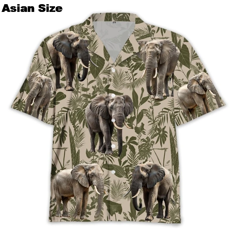 Retro Elephant Beach Shirt Mens Flowers Print Vintage Casual Shirts Hawaii Short-Sleeved Breathable Vintage Blouses Gift Idea