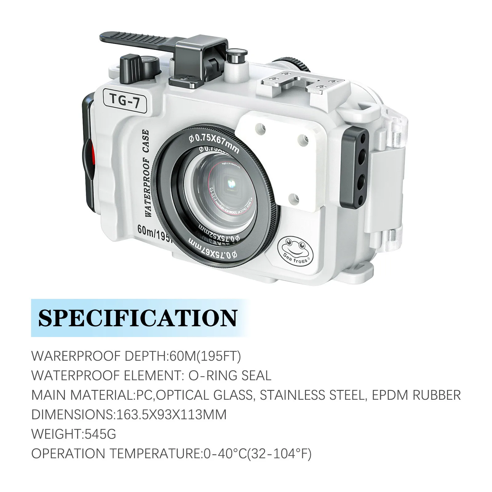Seafrogs White TG7 Housing 60M/195ft Waterproof Underwater Camera Case for Olympus TG7 Diving Housing