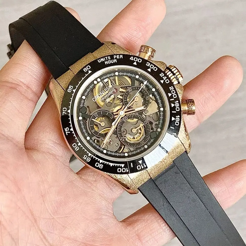 CRONUSART Men Chronograph Watch Pilot 42mm Automatic Mechanical Wristwatch Sapphire Mirror Luminous Skeleton Dial FKM Strap