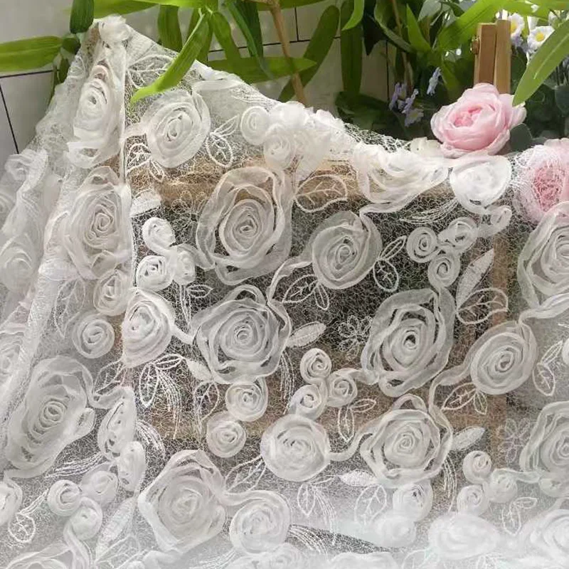 

Rose flower three-dimensional lace embroidery full-width mesh fabric for wedding dresses and clothing designer fabric