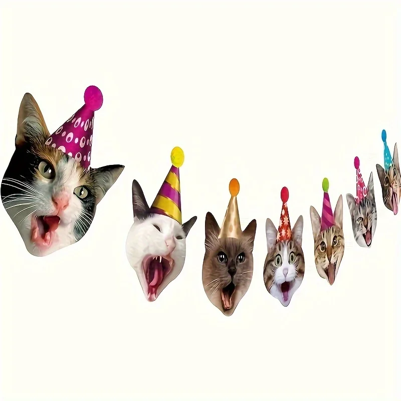 Banner de feliz cumpleaños, guirnalda de gato, decoraciones divertidas de cumpleaños, cara de gato, banderines para fiesta de cumpleaños, letrero dorado de cumpleaños
