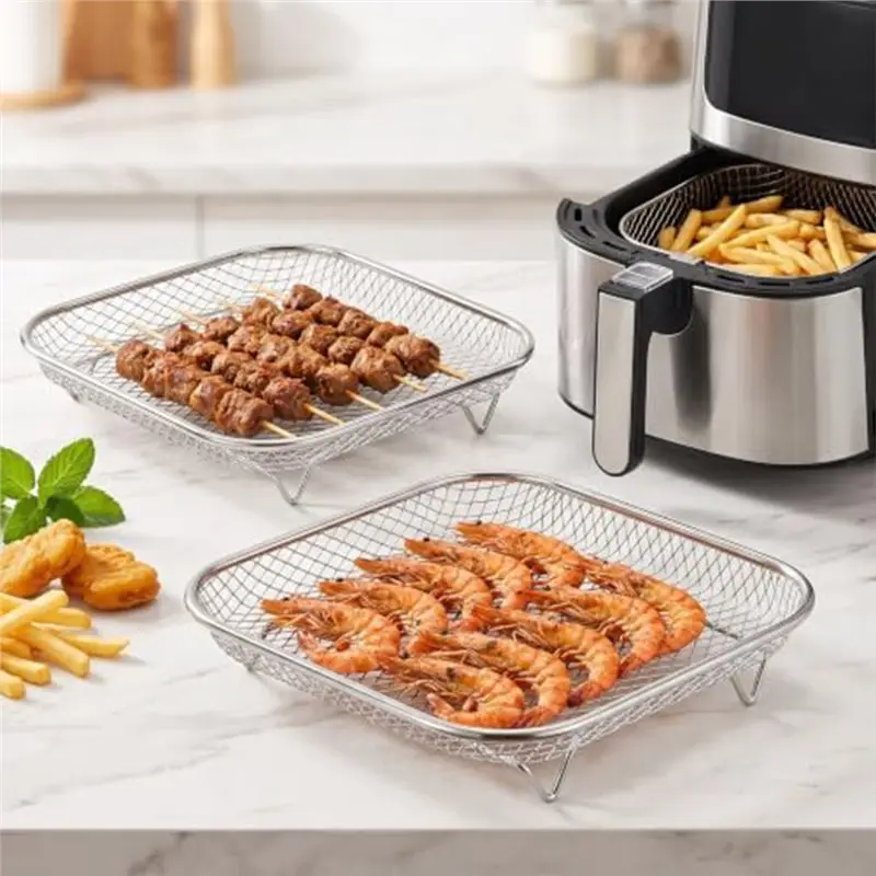 B82B-Air Fryer Rack 3Pcs 8.07' ' Square Air Fryer Basket Stackable Stainless Steel Mesh Cooking Rack For Oven With Silicon Feet