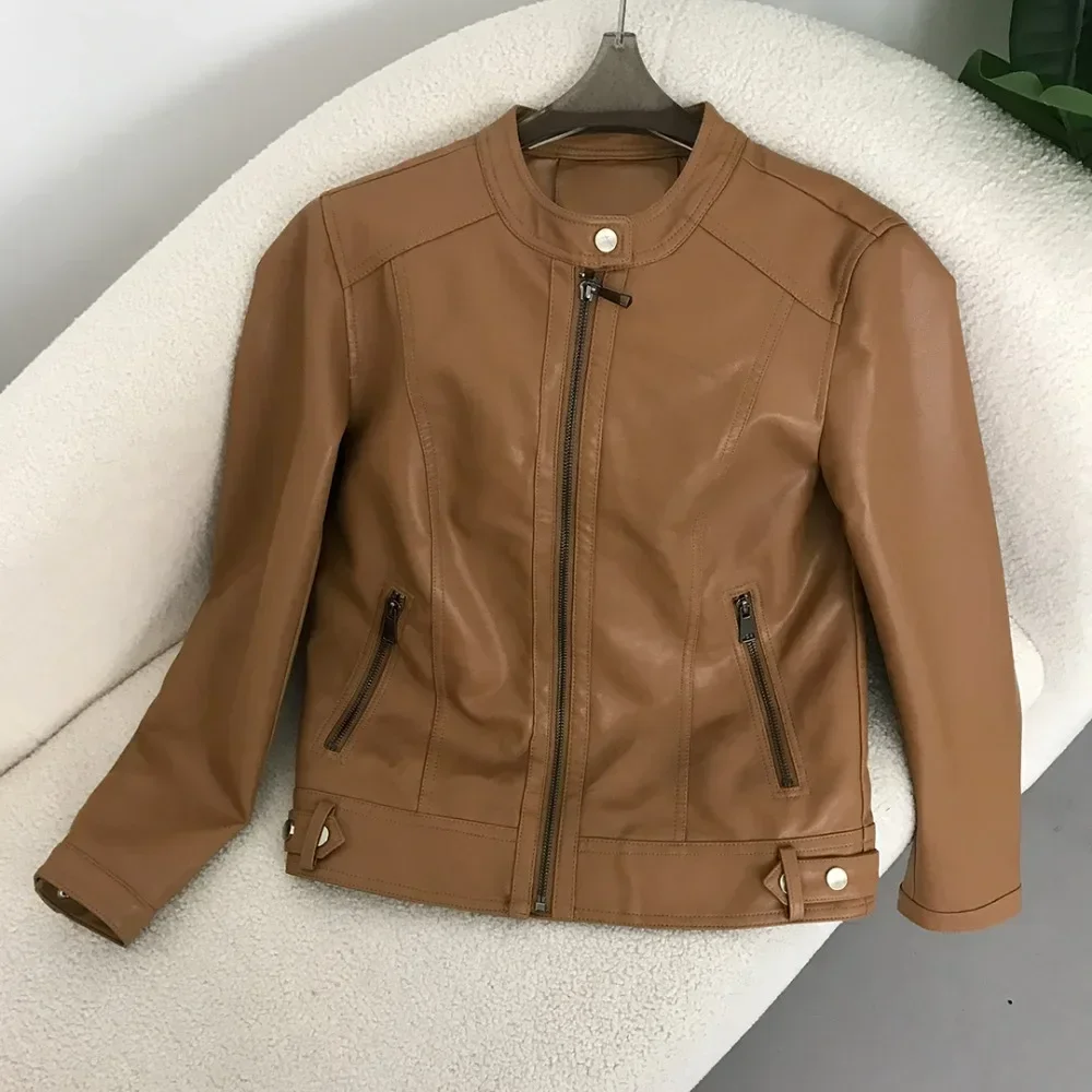 

OFTBUY New Faux Leather Jacket Casual Women PU Leather Jacket Fashion Style Versatile Trendy Motorcycle Round Neck Spring Autumn