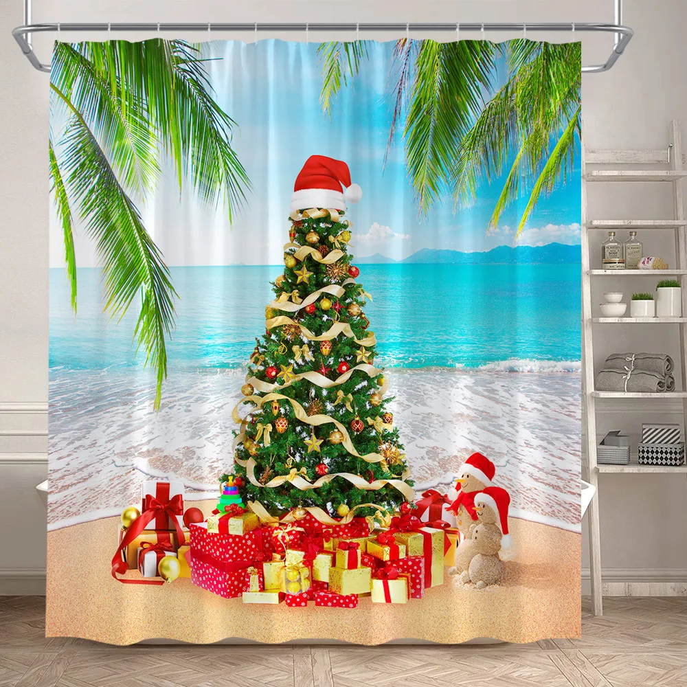 Christmas Shower Curtain Summer Palm Leaves Ocean Xmas Tree Flamingo Santa Claus New Year Home Wall Hanging Cloth Bathroom Decor