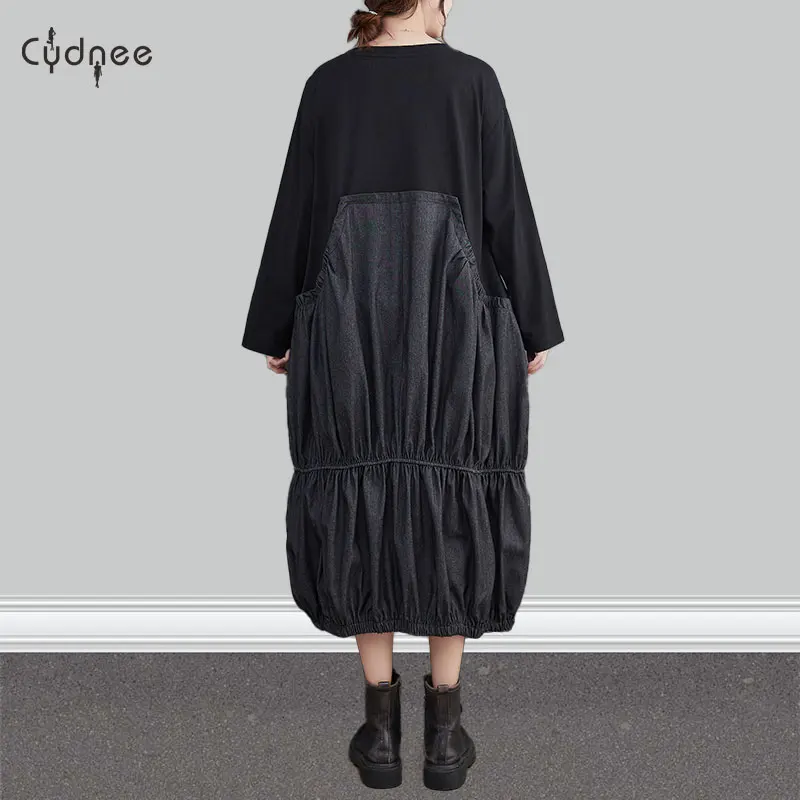 Women Autumn Winter Different Material Docking Denim Maternity Korean Balloon Skirt Oversized Big Size Gathers Long Sleeve Dress