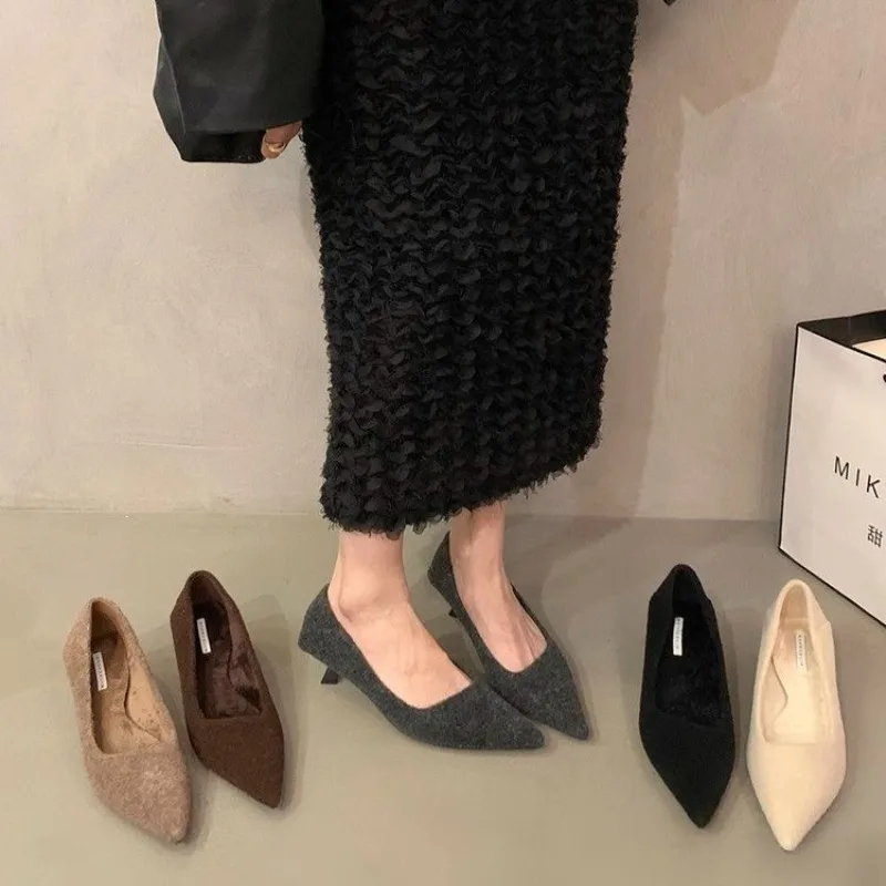 

New Style Designer Women's Pumps Leopard Boots Shoes Pointed Toe Slip on Dress Shoes Black Faux Suede Mid Heels Stilettos Female