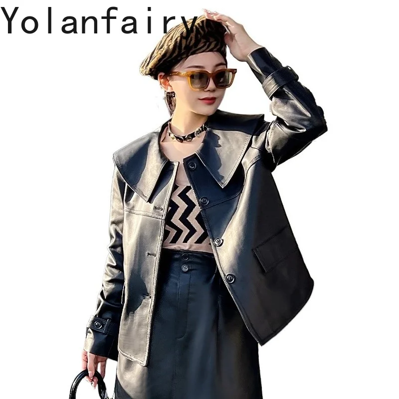 

YOLANFAIRY 2026 Black Genuine Sheepskin Leather Jacket Women Korean Style Peter Pan Collar Long Sleeve Cropped Real Leather Coat