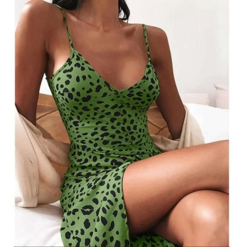 Vestido estampado com alça de espaguete feminino, saia floral, estampa de leopardo estilinguinho, vestido de verão tipo fino, moda sexy, novo, 2024