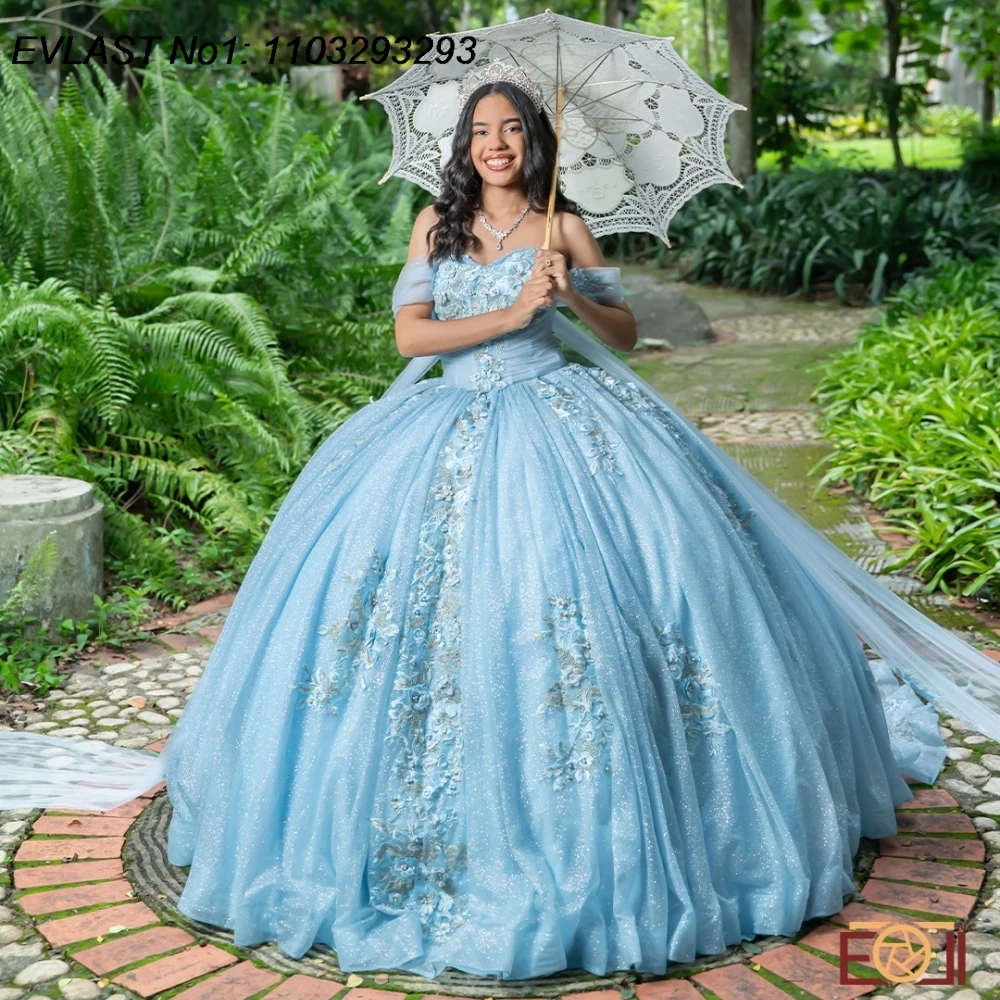 

EVLAST индивидуальное мексиканское синее платье Quinceanera, бальное платье с цветочной кружевной аппликацией и галстуком из бисера, Sweet 16, Vestidos De 15 Anos E1QN633