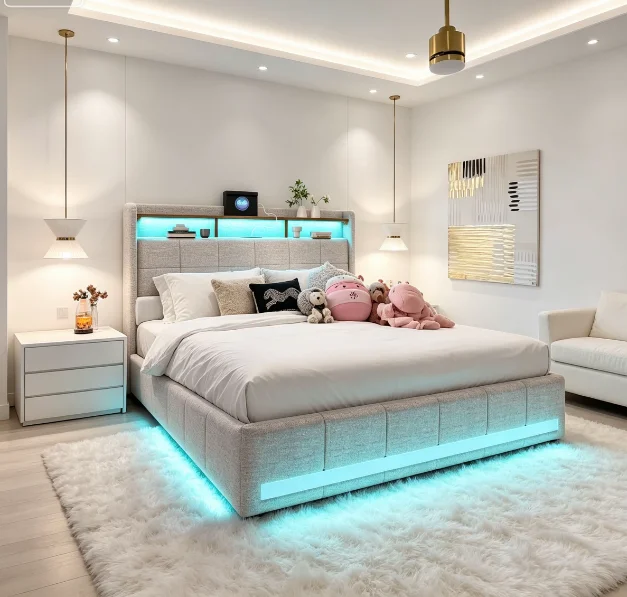 Polsterbett 140 x 190 cm, Doppelbett, Funktionsbett mit LED-Beleuchtung und USB-Ladefunktion, Stauraumbett mit 4 Schubladen und Lattenrost, Jugendbett, Bettgestell mit Rückenlehne