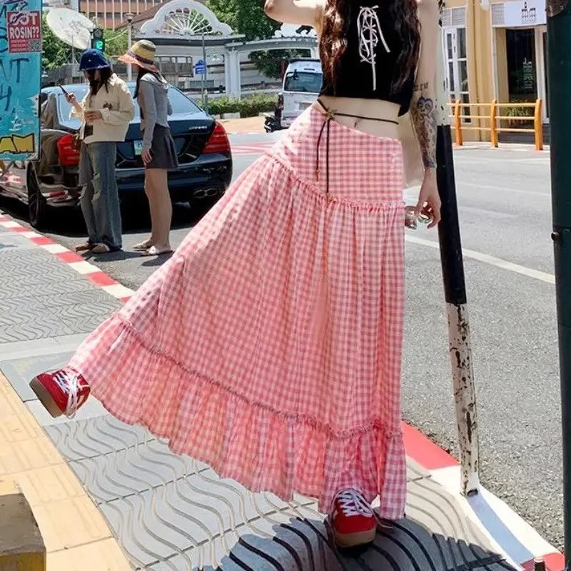 

Topanoma Plaid Skirts Women Sweet Vintage Ruffles Patchwork High Waist Sweet Elegant Fashion French Style Long Skirt Ladies
