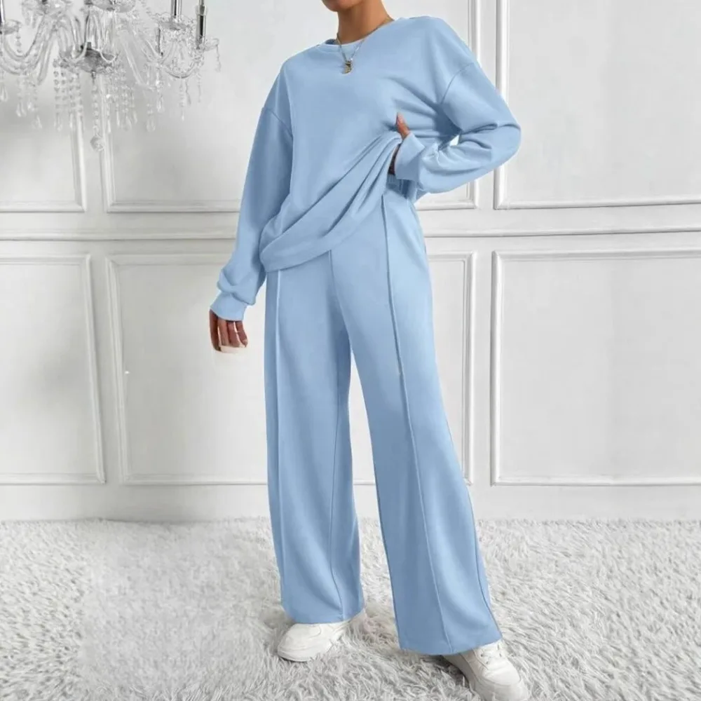 

Осенний модный комплект: топ с длинным рукавом и брюки с широкими штанинами для женщин, повседневная удобная домашняя одежда