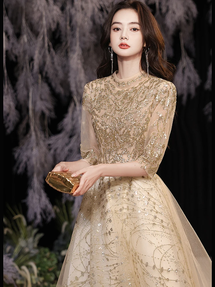 Luxurious Gold Evening Dress Shining Applique Sequin Crew Neck Half Sleeve Long Cocktail Prom Gown Vestidos De Noche