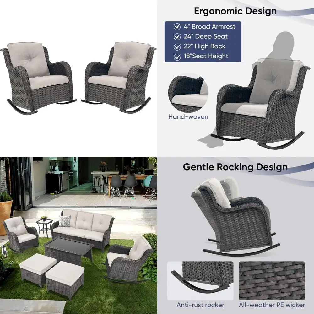 

Пара устойчивых к атмосферным воздействиям плетеных кресел-качалок с высокими спинками и широкими подлокотниками для использования на открытом воздухе в патио