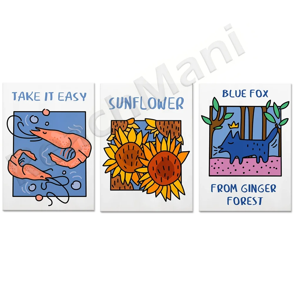Sunflower, fox, shrimp art, food posters - kitchen decor, room decor - unique home wall decoration prints