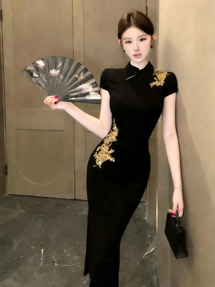 

Винтажное элегантное облегающее ципао с разрезом для женщин, улучшенная версия, моделирующее фигуру, сексуальное, Aosphere