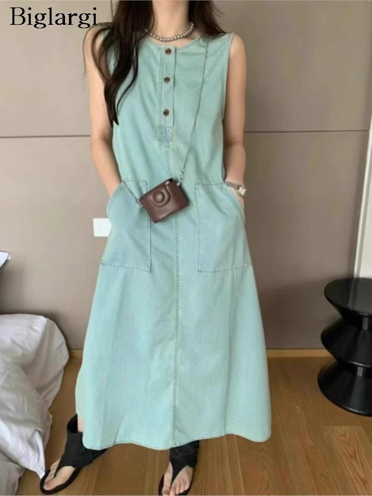 

Summer Sleeveless Vests Dress Women Loose Korean Style Ruffle Ladies A-Line Long Dresses Fashion Casual Woman Dress