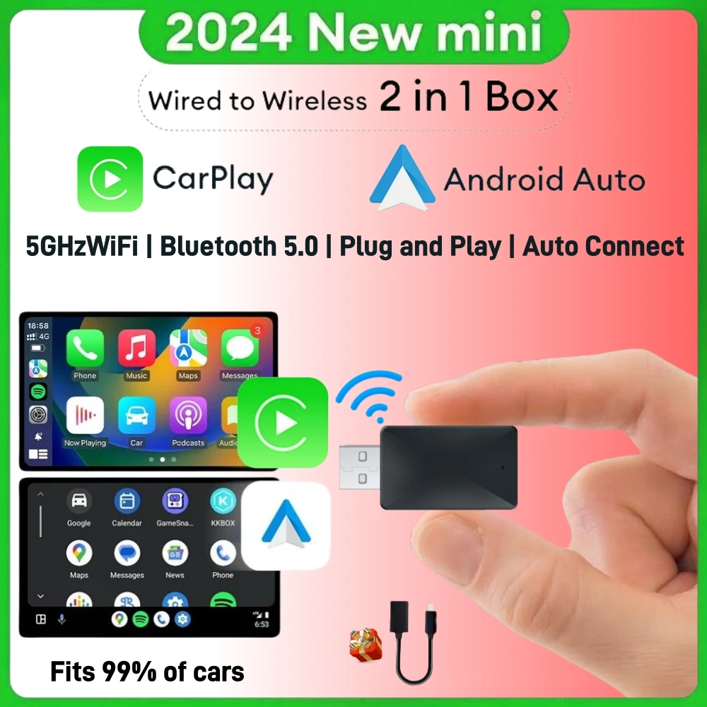 Mini CarPlay sem fio e adaptador automático Android, 2 em 1 Ai Box, com fio para sem fio, 5Ghz, Wi-Fi, tipo C, USB Plug and Play, conexão não indutiva